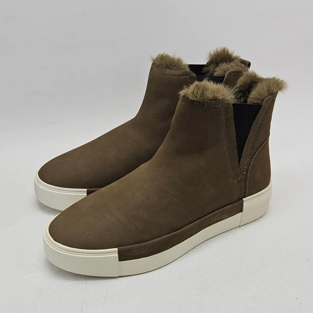 J/Slides Val Khaki Nubuck Waterproof Faux Fur Platform Ankle Boots Mens 9.5M